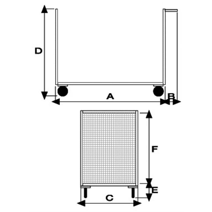 Pianale con due sponde in rete in acciaio inox AISI304 4 ruote girevoli