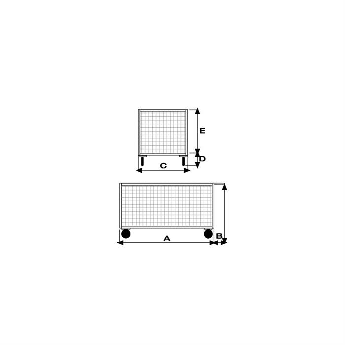 Pianale verniciato a 4 sponde di cui 1 ribaltabile in rete con ruote antiforatura, 2 con freno