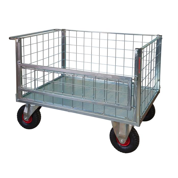 pianale verniciato a 4 sponde di cui 1 ribaltabile in rete con ruote antiforatura, 2 con freno